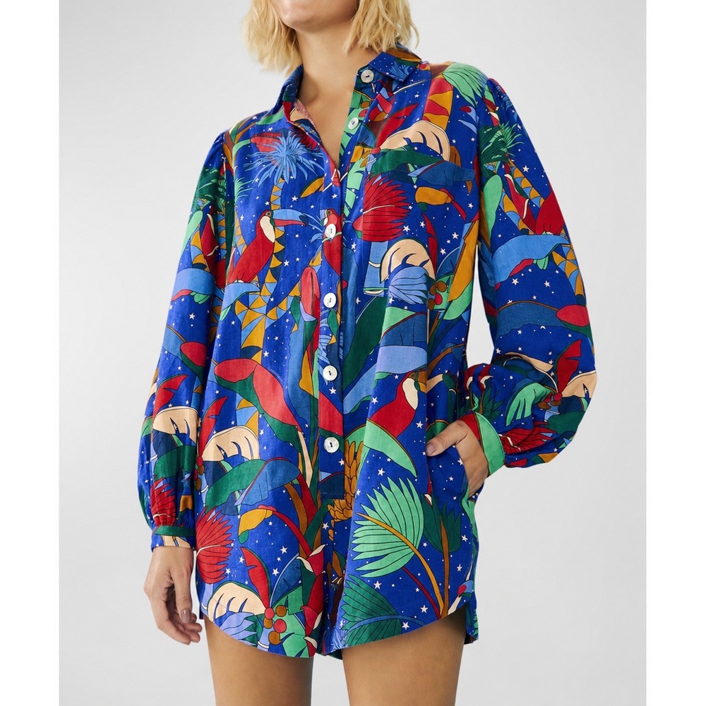 Farm Rio Toucans and Stars Tropical Print Button Down Shirt Blue Multi Size M